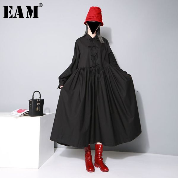 

eam] женщины бандаж лук сплит сустав плиссированные большой размер платье новый лацкан с длинным рукавом свободный покрой мода прилив весна, Black;gray