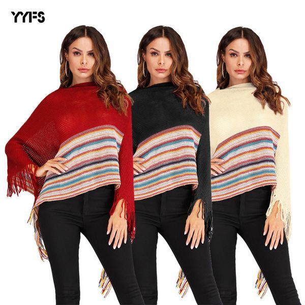 

womens designer sweater fringed turtleneck cape shawl color matching irregular sweater, White;black