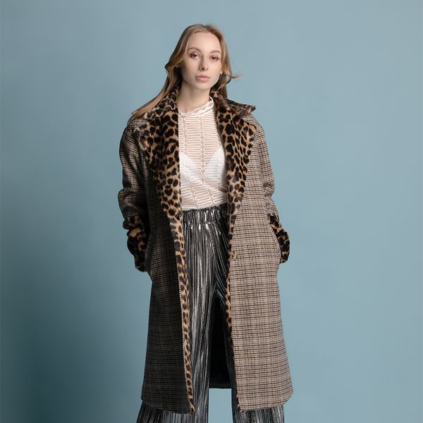 

new checked jacket european leopard-print lapel lady's woolen overcoat, Black