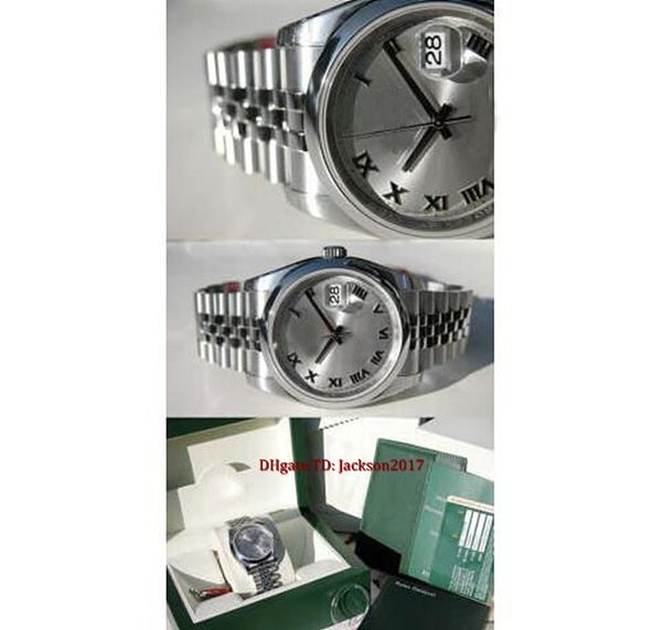 

original box certificate 116200 mens steel 36mm domed bezel rhodium roman dial, Slivery;brown