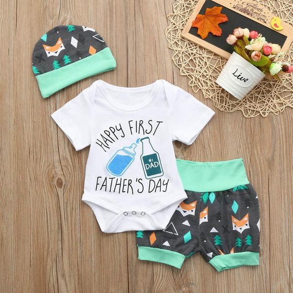 

3pcs newborn baby clothes girls boys letter floral romper shorts father's day outfits with hat 2020 summer dropshipping stock, White