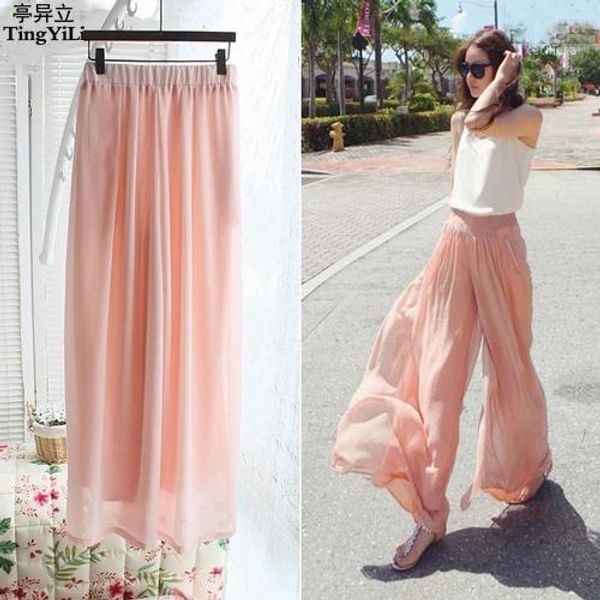 

tingyili long chiffon palazzo pants high waist wide leg women pants summer black pink loose casual1, Black;white