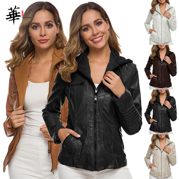 

plus size 7xl women hoodies autumn winter warm moto jacket zipper outerwear coat faux leather pu basic coats female jackets, Black;brown