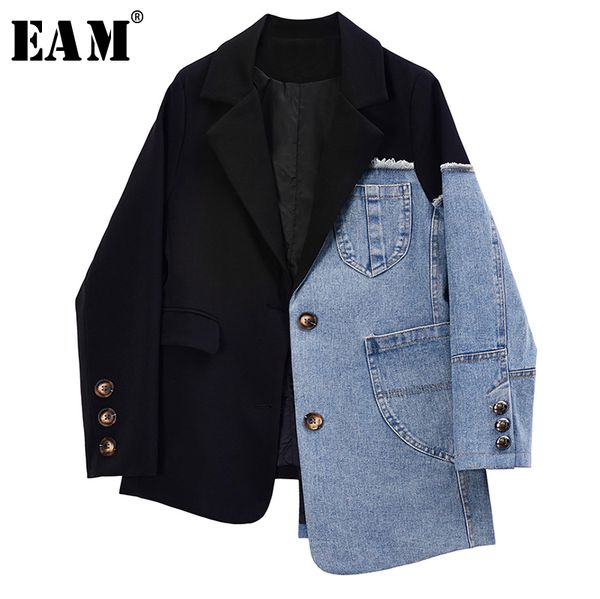 

eam] женщины черный асимметричный denim split blazer new нагрудные с длинным рукавом сыпучие fit способа куртки tide весна осень 2020 1r731, White;black