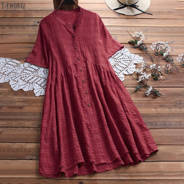 

dress women vintage casual o-neck short plus size linen dress lady plus size short sleeve button loose dress 503, Black;gray