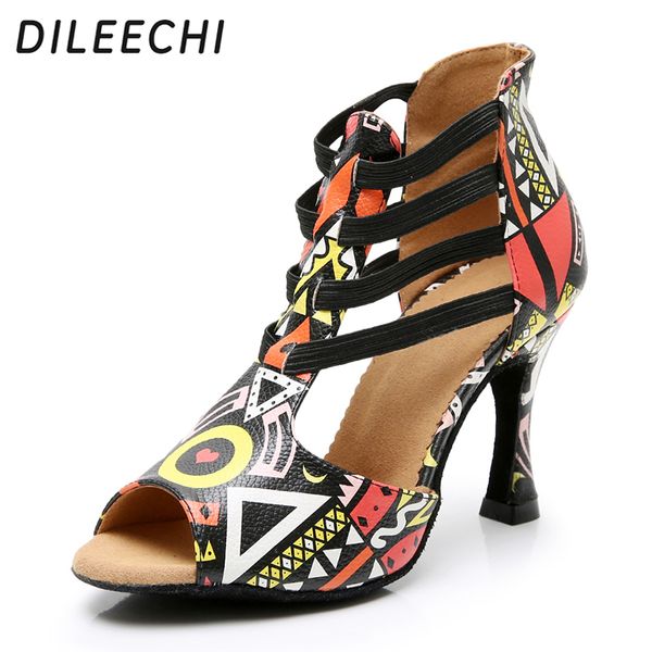 

dileechi new featured print dance shoes for women latin salsa dance boots paty ballroom shoes women cuban heel 9cm