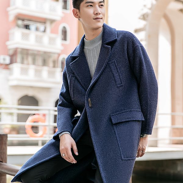 

2019 spring and autumn new listing loose solid color men's korean version of the long section warm woolen coat, Tan;black