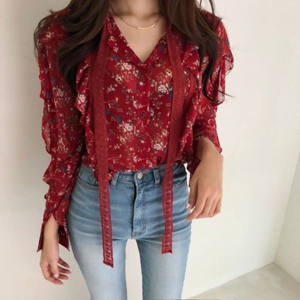 

very female floral print chiffon shirt women ruffles patchwork dreamy blouse chemise femme chemisier blusa mujer camisa, White