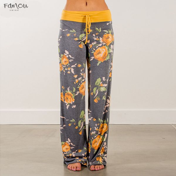 

Yellow Color Blocked Wide Leg Pants Women Summer Streetwear 2019 High Waist Pants Elastic Casual Drawstring Long Full Length Trousers
