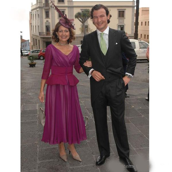 

graceful a line ankle length mother's dresses with three quarter sleeve wedding party dress peplum chiffon short prom gown, Black;red