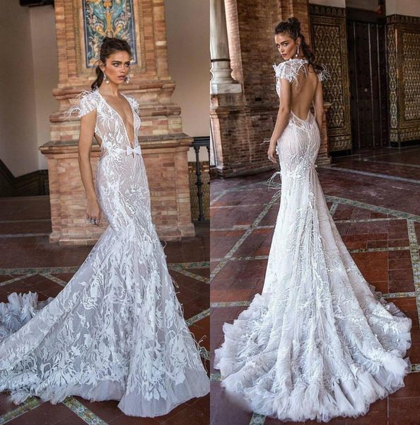 

2020 sexy берта осень русалка свадебное платье v шеи backless шнурка свадебное платье с перьями развертки поезд пляж плюс размер свадебные п, White