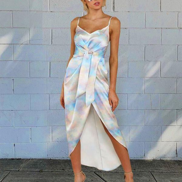 

women irregular plus size dresssleeveless tie-dyed print summer dressfashion v neck long dress vestidos elegantes #j4s, Black;gray