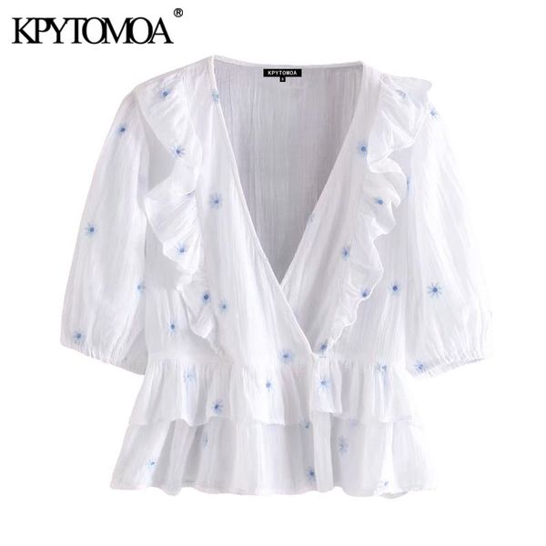 

women's blouses & shirts kpytomoa women 2021 sweet fashion floral embroidery ruffled vintage v neck short sleeve female blusas chic, White