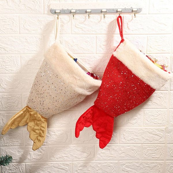 

christmas stocking with hanging rope fishtail shape unique christmas gift bag portable candy bag(large size