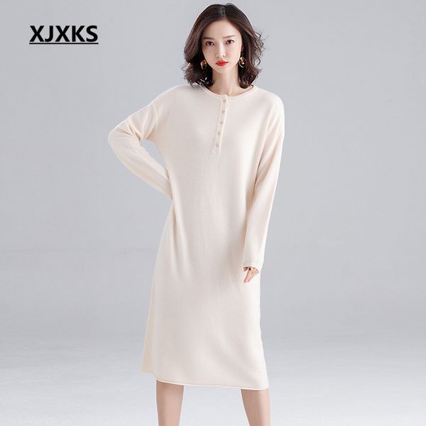 

xjxks 2019 autumn winter new high-end 100% wool women knitted dress loose large size comfortable casual women long sweater, White;black