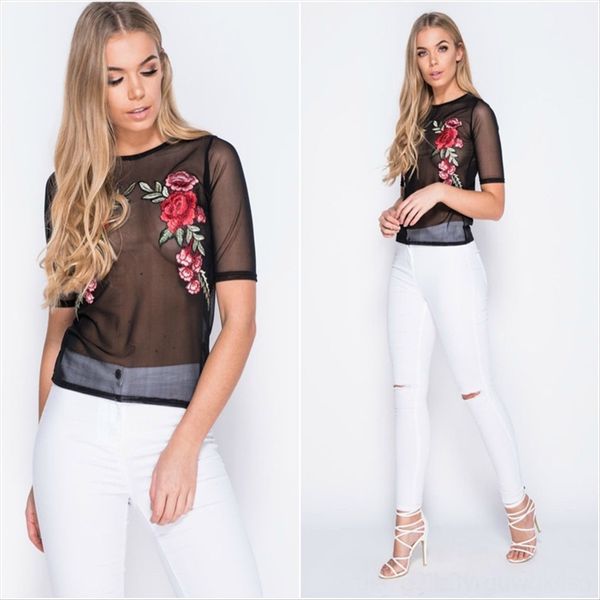 

2020 hollow rose flower mesh perspective female 2020 hollow rose flower mesh perspective t-shirt female t-shirt embroidery embroider, White