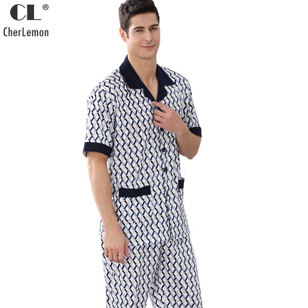 

cherlemon new mens summer knitted cotton pajama sets male short sleeve geometric pattern casual homewear large size sleepwear, Black;brown