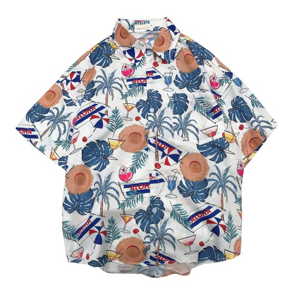 

2019 new short sleeve retro chic beach loose hawaiian printing shirt summer casual beach blouse for couple, White;black