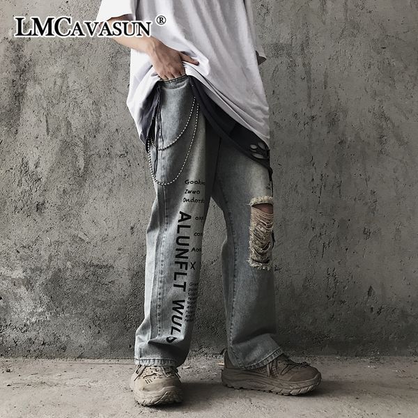 

english letter print streetwear ripped hole denim loose straight jeans women man korean harajuku harem hip hop trouser pant punk, Blue