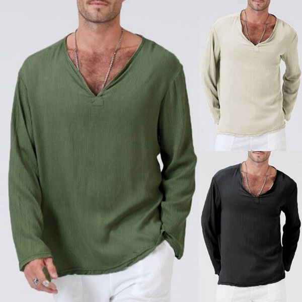 

mens casual long sleeve shirt summer cool loose solid v neck shirts h9, White;black