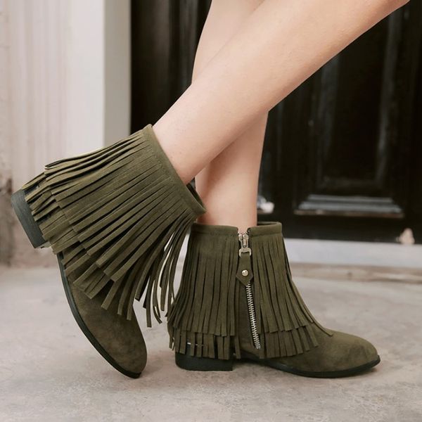 

boots oversized 9 10 12 women shoes ankle for ladies layered fringe side zipper, Black
