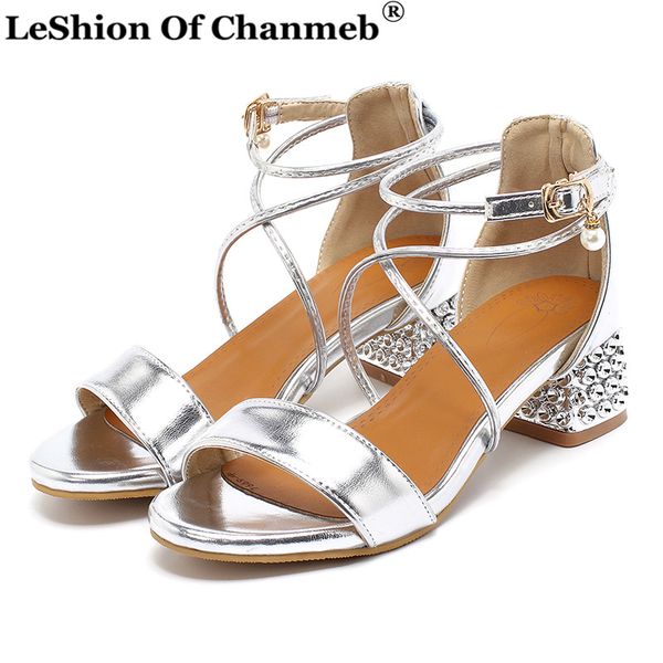 

sweet crystal medium heels pearls silver sandals women cross strap ankle buckle chic sandals woman ladies 2020 summer shoes 43, Black