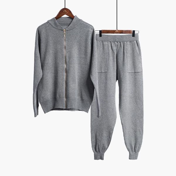 

autumn brand new 2 piece set women sporting suits knitting cardigan +pockets pants sporting wear female tracksuit designer, Gray