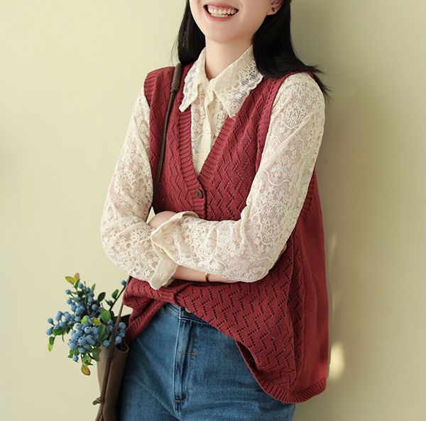 

2020 spring new retro literary loose sleeveless cotton thread half-hollow knitted vest vest women, Black;white