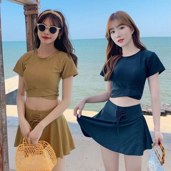 

women's split skirt conservative high waist small chest gathered women's short skirt swimsuit spring swimsuit, White;black