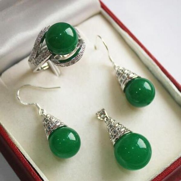 

chapado en plata 12mm verde jades colgante pendiente adn anillo de la joyerÃ­a conjuntos, Black