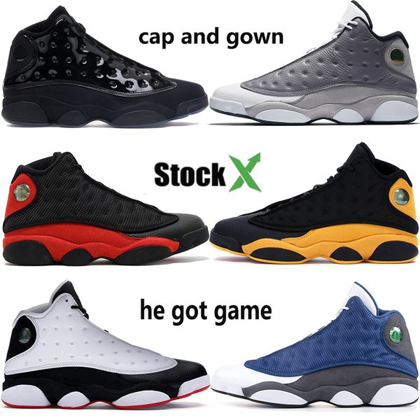 

cap and gown 13 13s jumpman mens basketball shoes atmosphere grey dirty bred melo wheat he got game men designer shoes us7-13