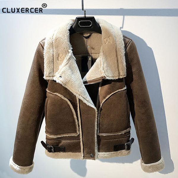 

new winter suede leather jacket women short lamb wool motorcycle jacket thick lambs wool warm coat, Black