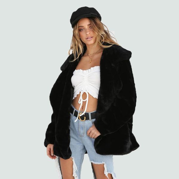 

winter fall warm faux fur coat women lapel long sleeve pocket female elegant plush overcoat casual outwear slim loose outerwear, Black
