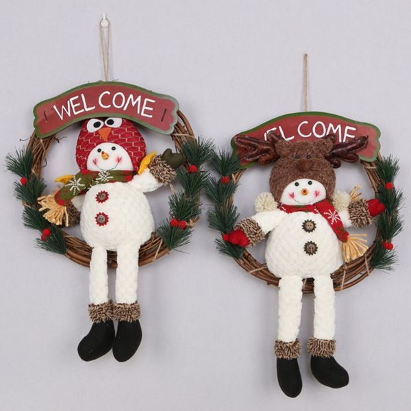 

new year rattan christmas wreath garland with santa claus/snowman doll and wooden welcome sign christmas decorations for home