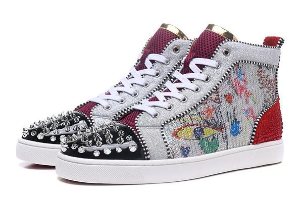 

women men luxury designer flat casual colorful casual spikes high red bottom pik pik studded sneakers shoes fashion shoes, Black