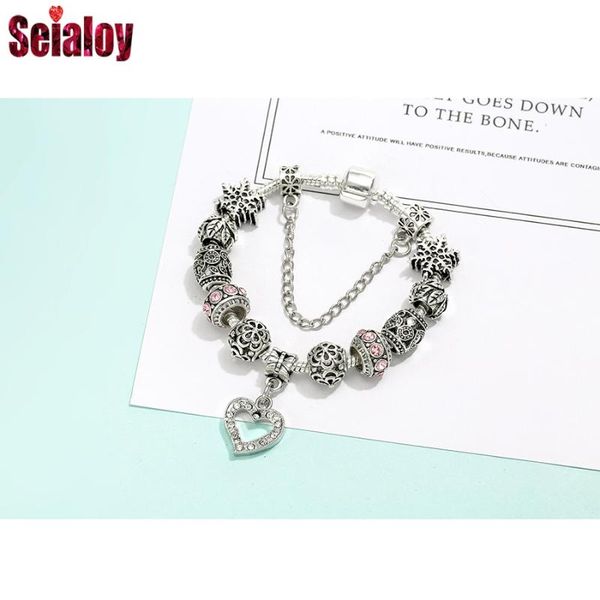

seialoy new silver plated pink heart pendant charm bracelets for women original girls princess beaded bracelet family jewelry, Golden;silver
