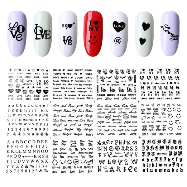 

12 sheets love text english letter number water transfer nail stickers decal manicure decoration adhesive tips accessories, Black