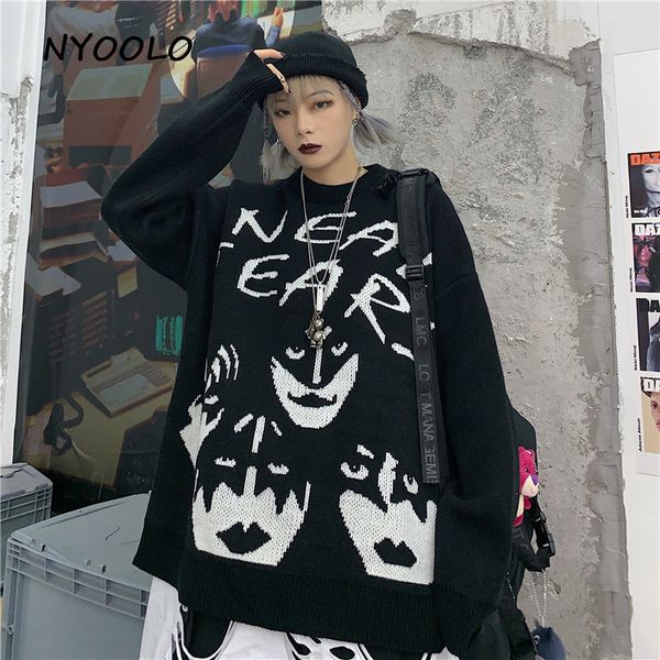 

nyoolo vintage streetwear punk loose thicken warm knitted sweaters autumn winter long sleeve o-neck pullover sweater women men, White;black
