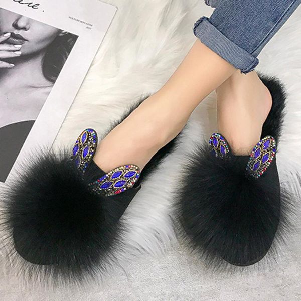 

women's add wool warm slipper new arrival flat heels crystal ears covered slipper shoes for woman zapatos de mujer drop, Black