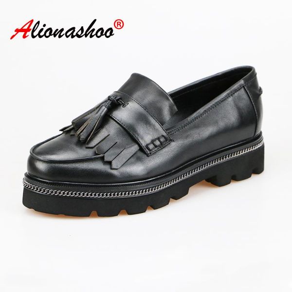 

women genuine leather casual shoes thick soled sneakers round toe flat platform classic fringe tassel boat shoes loafers women, Black