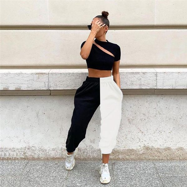 

long pants casual sports contrast color female trousers high waist womens pants patchwork color loose ladies, Black;white