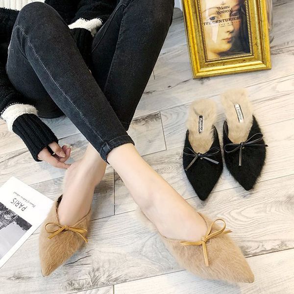 

tangnest women bowtie pointy toe slippers black apricot outdoor suede low heel wedding shoes xwt1494