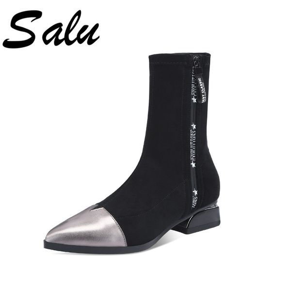 

salu genuine leather women low heels western boots zipper autumn winter ladies shoes woman mid calf boots large size 40, Black