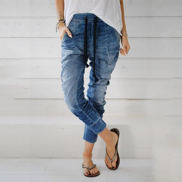 

lazy style women's jeans large sizes drawstring jeans pockets casual denim pants femme baggy harem pants distress trousers, Blue