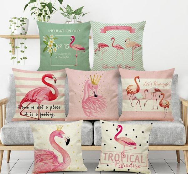 Verschiedene nordische rosa Flamingo-Kissenbezüge aus Leinen, Auto-Büro-Kissen, Rückenlehne, Wohnzimmer, Sofa, Taillenkissenbezug, 42 x 42 cm