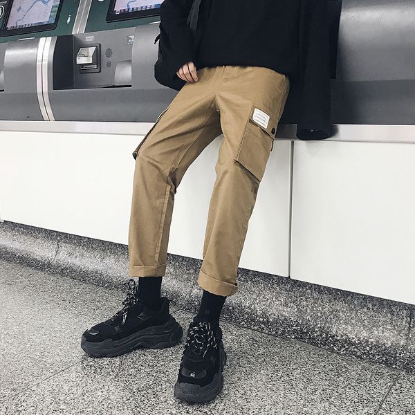 

new multi-pocket decorative men's cargo pants, nine-minute men's straight pants, baggy men's fashion, Black