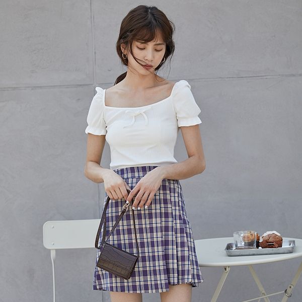 

2020 women's square collar bowknot short-sleeved knitted 2020 women's square collar bowknot slim short-sleeved butterfly t-shirt b, White