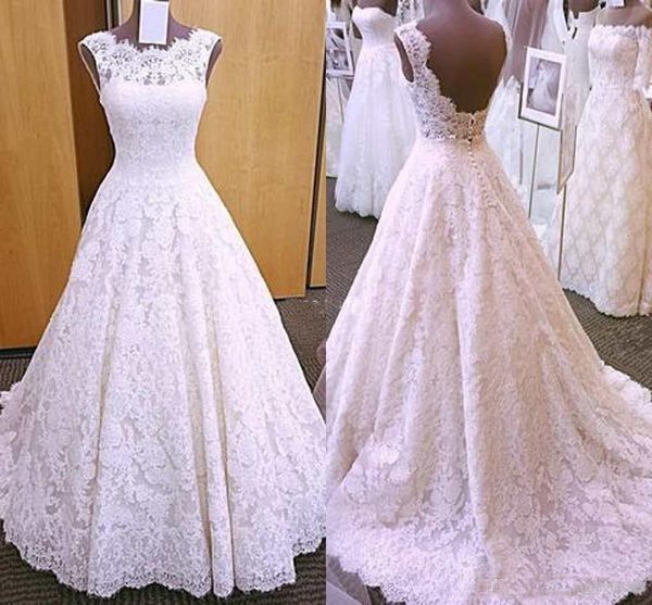 

Wedding Dresses 2019 Modest Cap Sleeves Open Back Lace A Line Cover Button Full Lace Bridal Gown Custom Made Vestidos De Novia