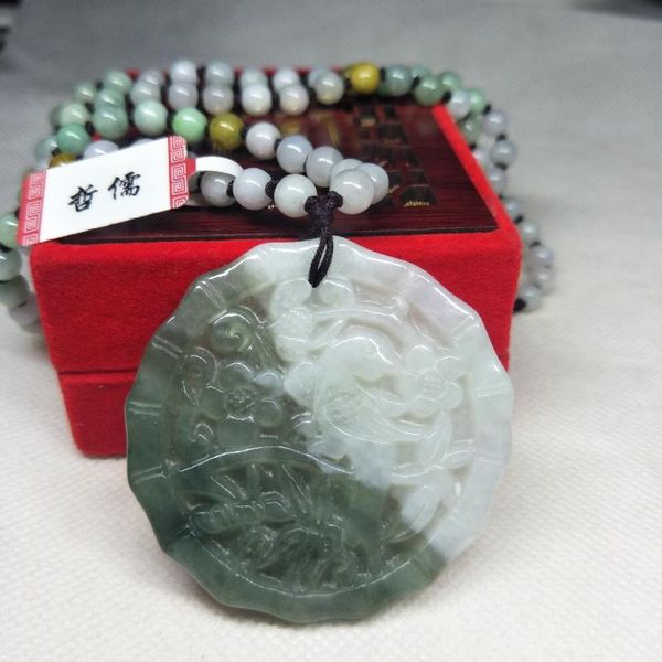

zhe ru jewelry pure natural jadeite dark green bicolor plum magpie pendant tricolor jade bead necklace send a certificate, Silver