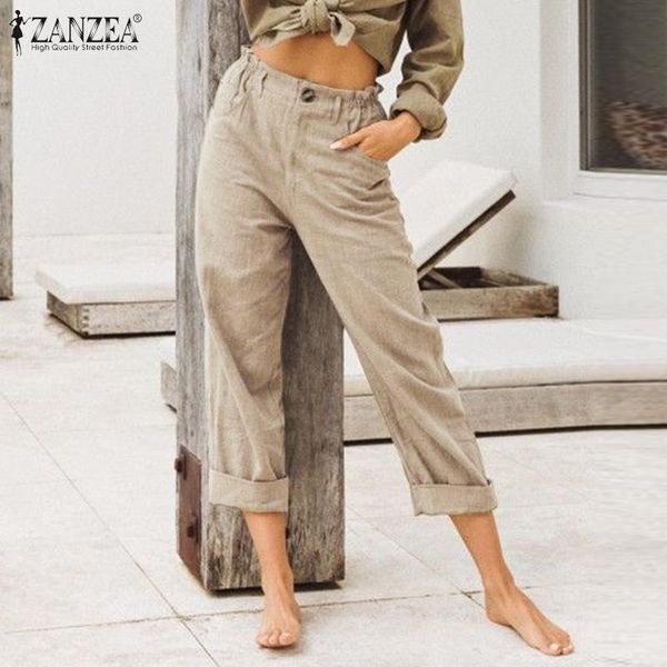 

2020 zanzea women straight pants cotton solid zipper elastic waist casual long streetwear pockets pantalones bottoms femme 7, Black;white